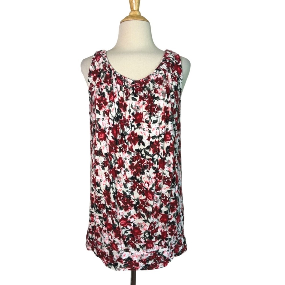 Ann Taylor LOFT Medium Floral Knit Tank Blouson Top Ruffle Neckline Artsy Comfy